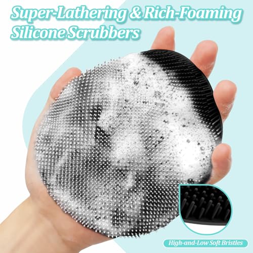 Silicone Back & Face Scrubber & Bath Glove Set 3PCS, 13.4'' Gentle Back Scrubber with Dual-Side Head, 360¡Æ Anti-Slip Bath Glove, Unique Side-bristled Face Scrubber for All-round Cleaning(Black)