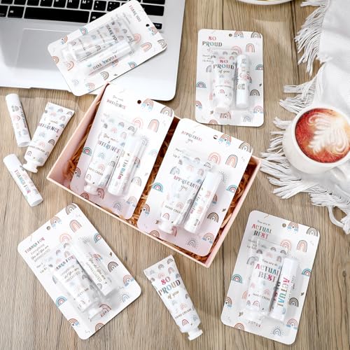 Loopeer 24 Set/ 48 Pcs Teacher Appreciation Gift Bulk Boho Rainbow Lip Balm Hand Cream Lotion Set Small Thank You Gifts Party Favors for Women Employee Coworker Staff Galentine's Day