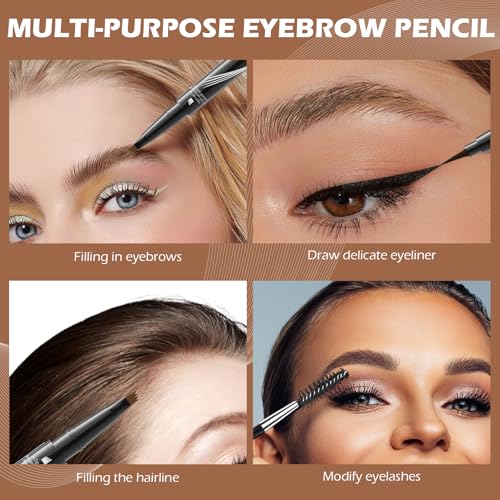 Microblading Eyebrow Pen, 2-In-1 Dual-Ended Waterproof Eyebrow Pencil with 4-Fork-Tip & Ultra-Precise Tip, and an Angled Eyebrow Brush, Eye Brow Pencils for Women -Dark Brown