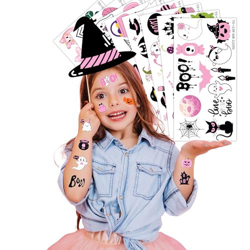 Pink Black Halloween Temporary Tattoos - Baby Shower 80 PCS Boo I'm Two Ghost Witch Hat Themed Stickers for Kids Birthday Party Supplies, Decorations, Favors, and Prizes, Cute Gifts for Boys and Girls