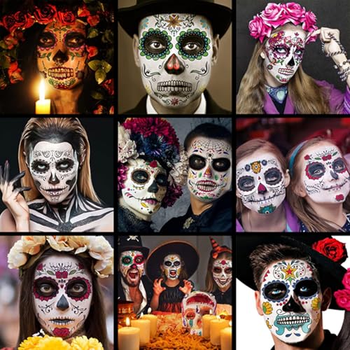 COKOHAPPY Halloween Temporary Face Tattoos Makeup Kit (13 Pack), Day of the Dead Sugar Skull Floral Black Skeleton Web Red Roses Full Face Mask Stickers Tattoo Families Party Supplies
