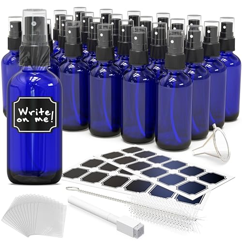 Nevlers Blue Glass Spray Bottles 4 Oz 24 Pack | Mini Spray Bottle Small Set with Labels, Marker, Funnel, Brush & Wrap | Blue Bottle For Face & Hair Products | Practical 4 Oz Bottles for Essential Oils