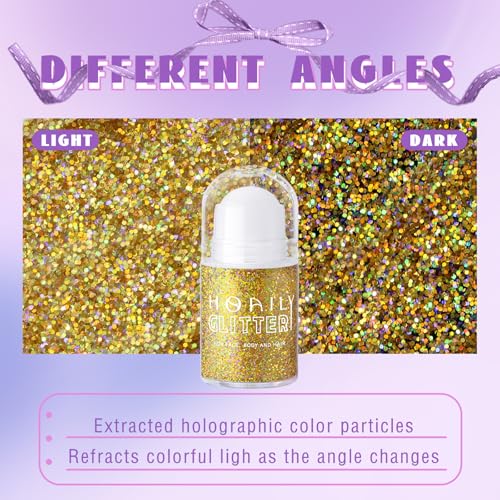 Roll-on Holographic Body Glitter Gel for Face Hair, Chameleon Color Changing Glitter Gel Under Light, Chunky Mermaid Sequins Festival Party Rave Accessories Shimmer Makeup (Gold)