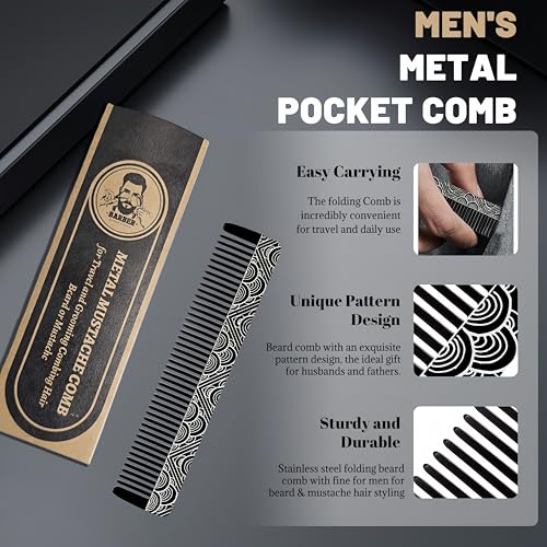 Metal Beard & Mustache Comb - Pocket Comb with 3D Pattern Design, Fine & Wide Teeth for Precise Styling - Durable, Compact, Travel-Friendly Grooming Tool for Facial Hair Care (4.65inch) - Cloud