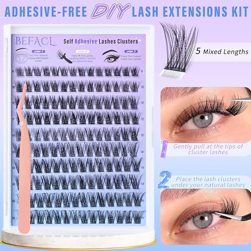 Self Adhesive Eyelashes Clusters Press on Lash Clusters Wispy Lash Extensions No Glue Needed Lashes Clusters Natural Cluster Eyelash Extensions Kit with Tweezers (8-16mm,C Curl)