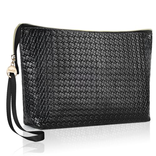 Large Makeup Bag with Wrist Strap, PU Leather Cosmetic Bag, Travel Toiletry Pouch for Women, Gifts for Mom/Sisters/Friends/Bridesmaid (Small Plaid)