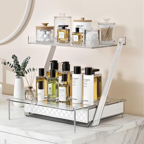 3-Tier Bathroom Countertop Makeup Organizer - Tall Big Make Up Storage with Slide-Out Tray & Bottom Drawer, Transparent Acrylic for Cosmetics Brushes Lipsticks Skincare