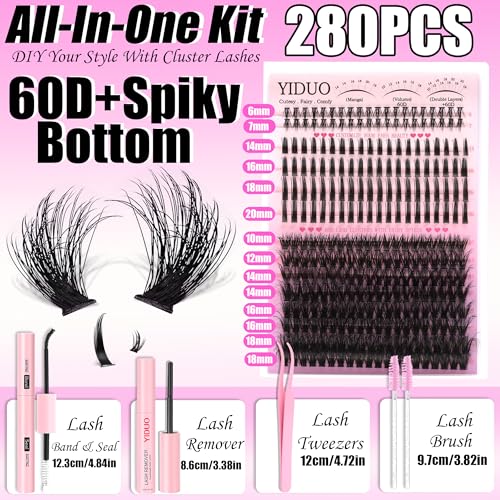 60D Volume Lash Clusters Kit with Long 14-16mm Lashes Spikes+Bottom Clusters Eyelash Extension Kit 280Pcs D-curly Wispy Individual Lash Extensions Kit DIY Spiky Lash Bond and Seal by YIDUO