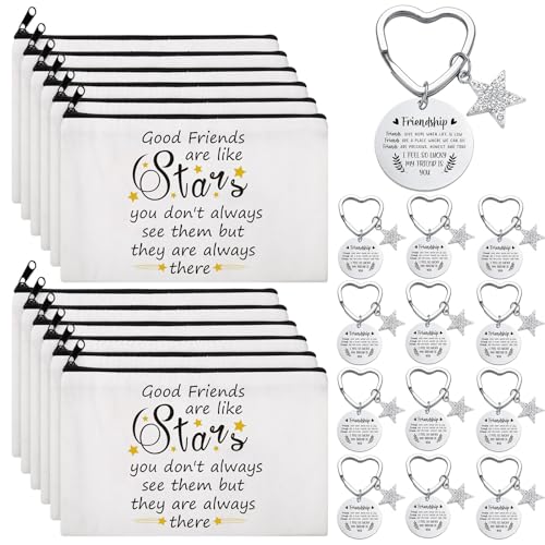 Paterr 24 Pcs Friend Gifts for Women Friendsgiving Makeup Bags Friendship Keychains Galentines Valentine Gifts for Friends Bulk Cosmetic Bags with Zipper for BFF Bestie Birthday Decorations(Star)