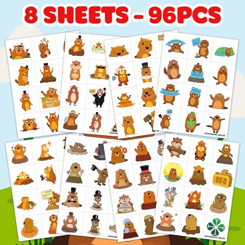 96PCS Happy Groundhog Day Temporary Tattoos Themed Birthday Party Decorations Favors Supplies Decor Cute Spring Festival Animals Tattoo Stickers Gifts For Kids Adults Boys Girls School Prizes Holidays