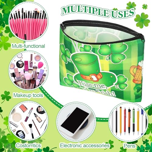 Abbylike 24 Pcs St. Patrick's Day Canvas Makeup Bags Bulk Irish Gifts for Women Shamrock Clover Cosmetic Bags Toiletry Storage Zipper Pouch Travel Purse Toiletry Pocket Organizer for Irish Party Favor