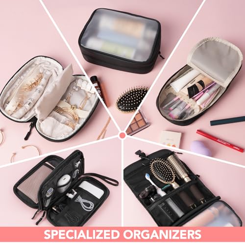 Travel Toiletry Bag 5-Piece Kit, Hanging Toiletries Bag+TSA Approved Cosmetic Bag+Jewelry Bag+ Brush Bag+Cable Bag, Professional Travel Essentials Accessories Organizer for Women- Black