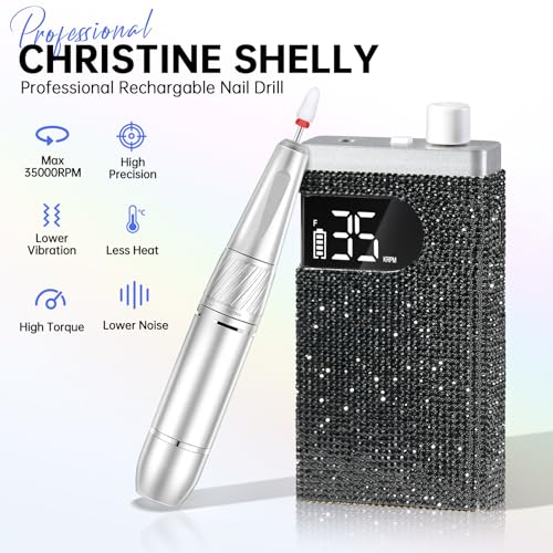 Rechargeable 35000RPM Nail Drill Sparkling Portable Professional Electric Nail File for Acrylic/Gel Nails Professional Nail Tools for Manicure Pedicure, Black