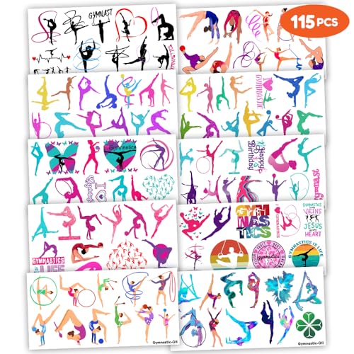 115 PCS Gymnastics Gymnast Gymnastic Temporary Tattoos Birthday Themed Party Decorations Favors Supplies Decor Cute Dance Cheerleader Stickers Gifts for Kids Boys Girls Carnival Christmas Class Prizes