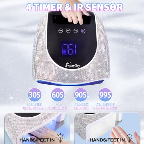UV LED Nail Lamp,96W Rechargeable Cordless Nail Lamp Gel Polish UV Nail Lamp,Diamond Professional Curing Lamp with 4 Timer Setting,Handle,Big Display Auto Sensor for Salon & Home