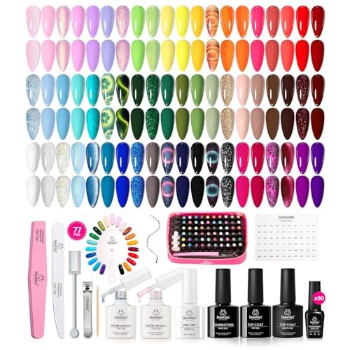 Beetles Gel Nail Polish Set 77 Pcs 60 Colors Cat Eye Gel Nail Kit Red Nude White Polish Nail Kit with Base Top Coat UV DIY Art Tool Home Gifts for Women World Travel