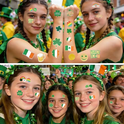 138Pcs St Patricks Day Temporary Tattoos Glitter Shamrock Face Stickers 65 Styles Irish Face Stickers for Women St Pattys Day Accessories for Irish Party Decor(kiss138)