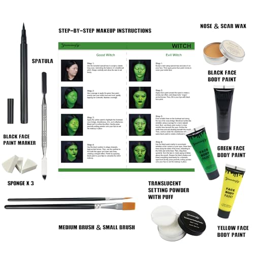 Green Witch Makeup Kit,Elphaba Costume Face Paint,Black Green Yellow Face Paint with Setting Powder,Halloween SFX Scar Wax Putty Wound Makeup,Frankenstein Gamora Hunting Hulk Body Paint