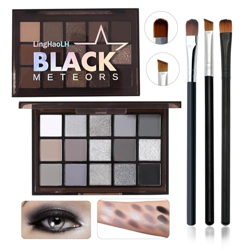 Black Grey Smoky Eyeshadow Palette,15 Colors Matte Shimmer Pigmented Eye Shadow Makeup Palette Set with 3 Eyeshadow Brushes,Glitter Eye Shadow Palette for Daily Halloween Goth Makeup(A)