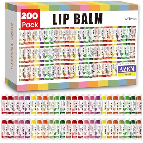 AZEN 200 Pack Lip Balm, Natural Lip Balm Bulk, Lip Care Product, Moisturizing Lip Balms for dry cracked lips, Valentines Gifts Easter Basket Stuffers - 12 Flavors