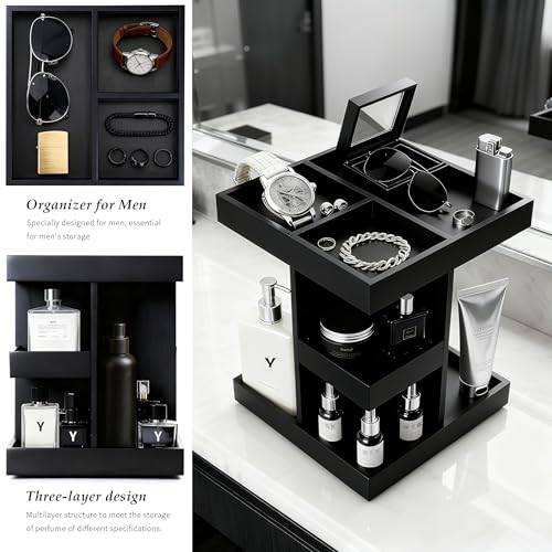 Rotating Cologne Organizer for Men, 3-Tier Large Capacity Wooden Perfume Stand with 360¡Æ Display, Desk & Dresser Organizer for Cologne, Watches & Accessories, Gift for Husband, Dad & Men (Black)