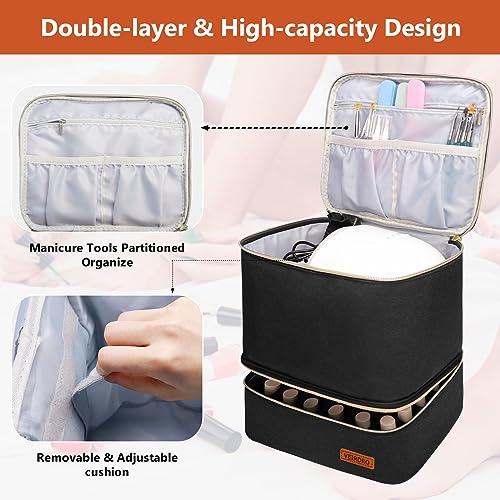 Veirdro Nail Polish Organizer Bag Holds 30 Bottles (15ml/0.5 fl.oz)& Nail Lamp, Portable Travel Nail Kit Storage Carrying Case, Double Layer Nail Supplies Holder Bag PU Leather Women (Elegant Black)