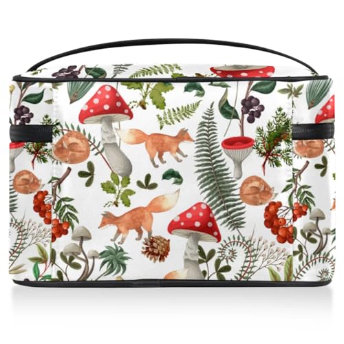 Makeup Travel Bag Organizer Toiletry Bag for Women Portable Cosmetic Storage Case with Handle, Large Capacity Lightweight Toiletries Brush Zipper Bag - Mushroom Fox