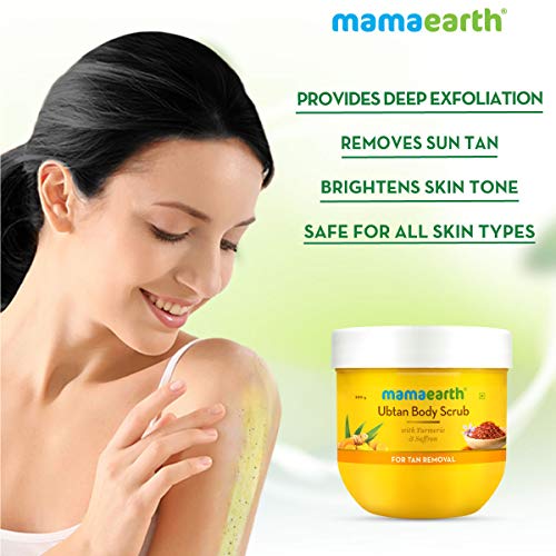 MAMAEARTH Ubtan De Tan Body Scrub | Removes Tanning with Saffron & Turmeric | Gently Exfoliates Dead Skin & Gives Glowing Skin | Suits All Skin Types | 7.05 Oz/200 g
