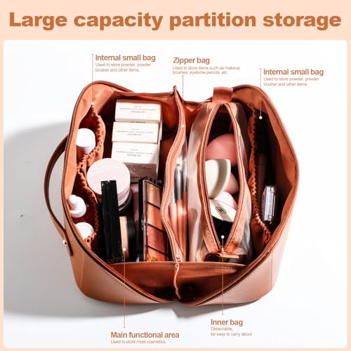 BS-MALL Travel Makeup Bag ? Portable Large Capacity Toiletry Bag Perfect for Organizing Travel Size Toiletries, Flat Opening for Easy Access with 1 Makeup Brush & Zipper Bag