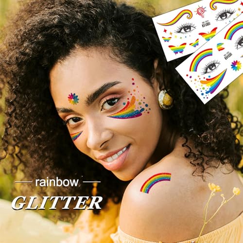 Pride Day Face Stickers - Colorful Rainbow Glitter Tattoo Stickers for Kids & Adults - Waterproof & Temporary Body Decals for Pride Parade, LGBTQ+ Events, and Festivals