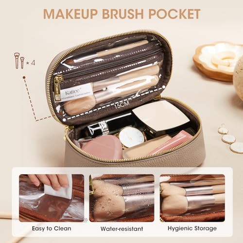 Kattee Makeup Bag for Women, Leather Cosmetic Bag, Working Makeup Bags for Ladies with Handles, Portable Travel Toiletry Bag,Apricot