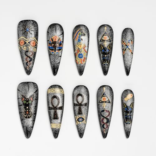 FORBELOVED NAILS.Glitter Cat Eyes Silvery Y2K Handmade Press On Nails,Long Stiletto Glue On Nails,Hand-Painted Gold Foil Bastet False Nails For Women And Girls,10Pcs/Set With Glue,(Silvery-L),FOB