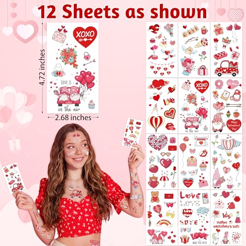 12 Sheets Valentine Tattoos, 115 PCS Heart Tattoos Temporary, Valentine Stuff, Romantic Valentines Party Favors for School Class Holiday Supplies Accessories