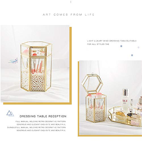 L-Lei Makeup Brush Holder with Lid,Clear Glass Makeup Brush Organizer Gold Makeup Brush Holder with Free White Pearls