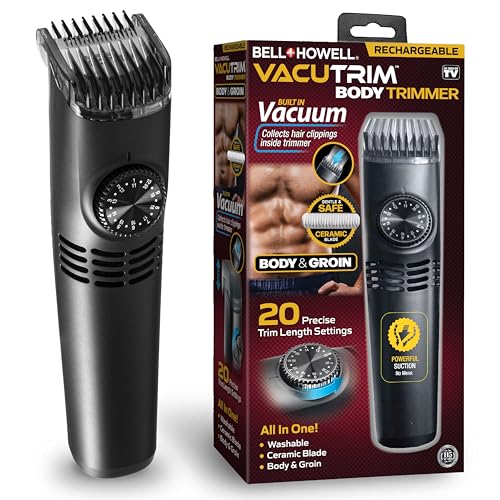 Bell+Howell Vacutrim Cordless Body Shaver for Men, Rechargeable Grooming Tool with 20 Trim Settings, Integrated Vacuum System - Black, 7.5", As Seen On TV