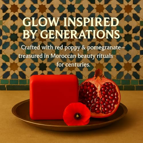 FERIHA Brightening Facial Soap Bar with Aker Fassi ? Red Poppy & Pomegranate for Radiant Skin ? Enriched with Argan Oil, Shea Butter & Rhassoul Clay ? Gently Softens and Evens Tone - 3.5 Oz