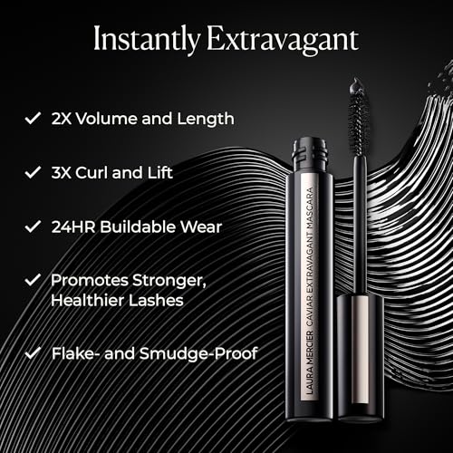 Laura Mercier Caviar Extravagant Mascara Volume and Length, 3X Curl and Lift, 24HR Buildable Wear, Promotes Stronger, Healthier Lashes, Intense Black, Smudge- & Transfer-Proof