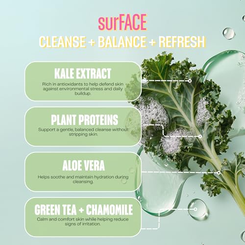SurFACE Face Wash with Kale, Carrot and Lemon Proteins, Green Tea, Chamomile, Aloe and Cucumber ? Gentle Daily Antioxidant Cleanser for Hydrated, Balanced Skin ? Kale Yeah! - 6 oz