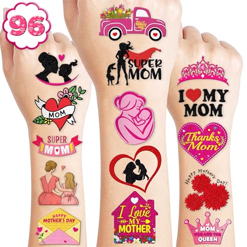 102 PCS Happy Mother¡¯s Mothers Day Temporary Tattoos Birthday Themed Party Decorations Supplies Favors Decor Cute Best Mom Ever Stickers Tattoo Gifts for Class Prizes Women Kids Boys Girls Carnival