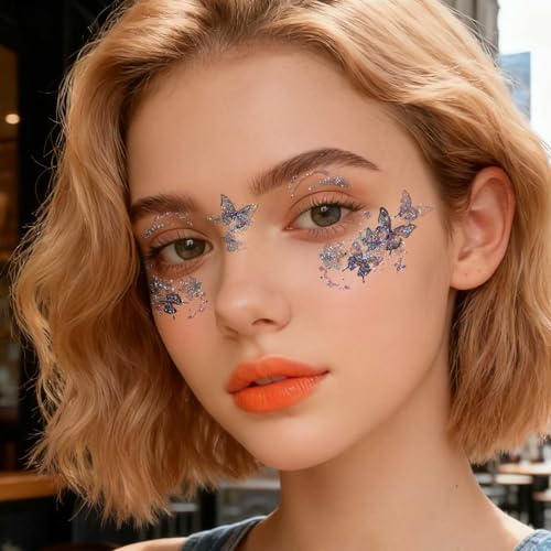12 Sheets Glitter Butterfly Temporary Tattoos Sticker for Women Eye Face Makeup Decoration, Flash Fairy Body Art Shiny Butterflies Waterproof Fake Tattoos for Festival Party Eye Decor Q996
