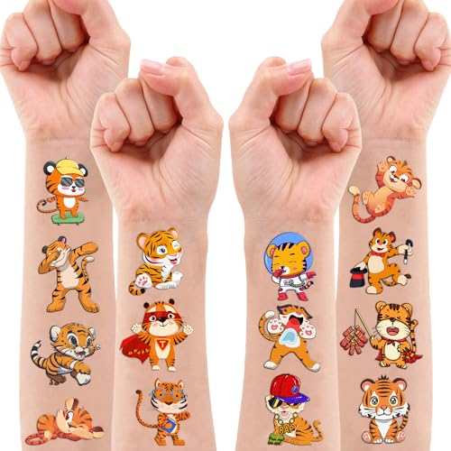 96PCS Tiger Temporary Tattoos Themed Wild Safari Jungle Zoo Animal Birthday Party Decorations Favors Supplies Cute Tattoo Stickers Gifts For Kids Boys Girls School Prizes Rewards Carnival Christmas