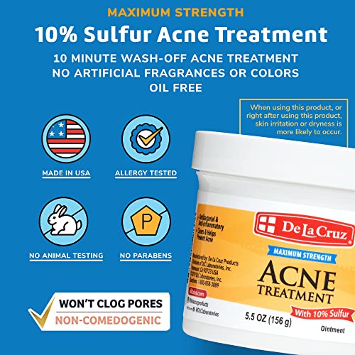 De La Cruz Sulfur Ointment - Cystic Acne Treatment for Face and Body - Daily 10 Min Spot Treatment Mask - Safe and Effective Game Changing Hormonal Acne Treatment That Clears Up Pimples 5.5 OZ.