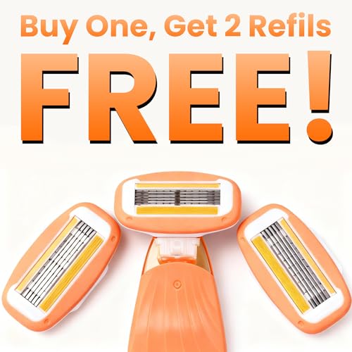 Women's Travel Razor with Lubricating Strip ? 5-Blade Compact Shaver for Sensitive Skin, Includes 1 Handle + 2 Cartridges & Protective Case, Orange
