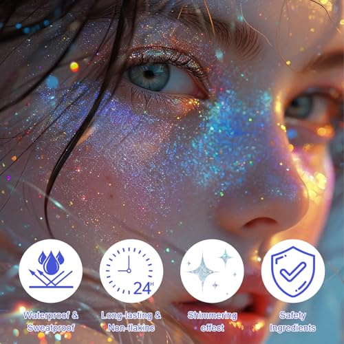 Roll-on Holographic Body Glitter Gel for Face and Hair, Chameleon Color Changing Glitter Gel Under Light, Chunky Mermaid Sequins Shimmer Makeup for Halloween Party Rave Accessories (Glint-Rainbow)