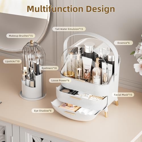 Makeup Organizers Countertop, Makeup organization for Vanity, Cosmetic Storage with Lid and Drawers, Skincare Display Cases with for Desktop, Bathroom (White)