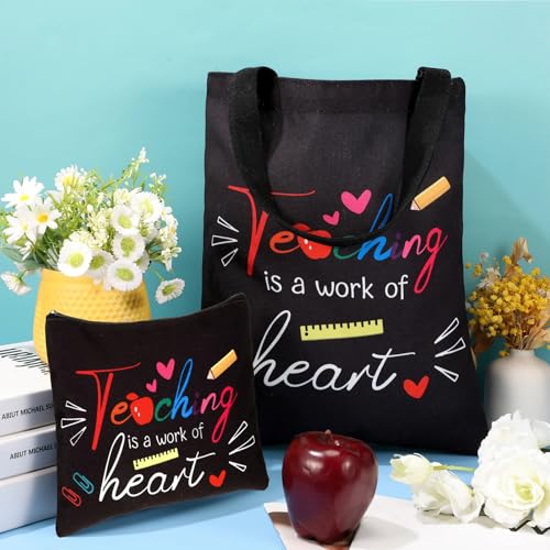 Kacctyen 12 Pcs Teacher Graduation Appreciation Gifts 6 Canvas Totes Bag 6 Makeup Pouch Cosmetic Bags Teacher Gifts(Teaching is a Work of Heart)
