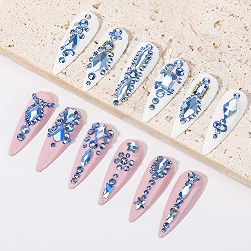 Nail Rhinestones - 4300pcs Light Blue Crystals, Multiple Shape Gems, Flat Back Rhinestones, with Kit and Glue Gel, for Nail Art Decoration