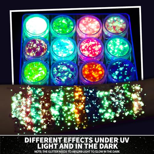 Teenitor 12 Colors Glow in The Dark Glitter Gel, Face Glitter Body Glitter Gel Hair Glitter for UV Black Light Carnival Makeup Raves Festivals