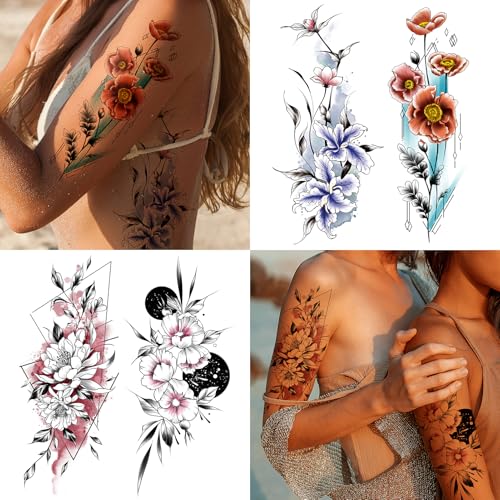 Cerlaza Temporary Tattoos for Women Adult, Realistic Flowers Half Arm Sleeve Tattoo, Waterproof Fake Tattoos, Semi Permanent Sexy Red Flower Tattoo Long Lasting-12 sheets