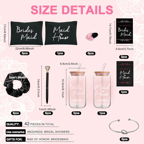 42 pcs Bridesmaid gifts bridesmaid proposal gifts, Maid of Honor Gifts contain 16oz Glass Cups Cosmetic Makeup Bags Invited Cards Scrunchies Hair Knotted Bracelets Diamond Pens love clip (Black )